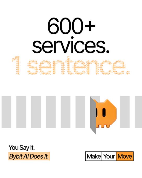 A promotional graphic for Bybit AI displays the headline "600+ services. 1 sentence." alongside an illustration of an orange ghost-like character peeking through gray vertical bars, with the tagline "You Say It. Bybit AI Does It." and "Make Your Move" branding. The image visually reinforces the post's message about simplifying multiple trading tasks into a single AI-powered command.