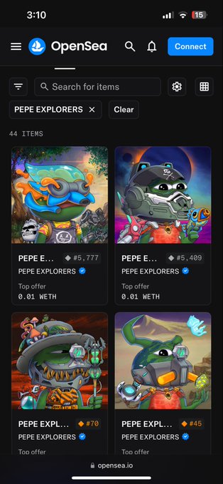 The image shows a cell phone screen displaying an openSea app with a search bar for Pepe Explorers items. The app has several options, including "Pepe Explorers" and "Pepe Explorers x", which are listed on the screen along with their respective prices. There is also a post that says "44 @PepeExplorers Now need 6 more #PepeExplorers #pepe #sendit". This post seems to be related to the Pepe Explorers app, possibly discussing the items available for sale or the number of items needed by users.