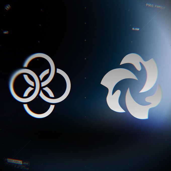 Two white abstract logos appear against a dark, cosmic background, with the left logo consisting of interlocking rings and the right featuring a pinwheel-like swirl, while small text in the corners reads "FOCI FAMILY," "BLOOM," and "@bloomtrading @robfruchte," visually representing the partnership announcement between Foci and Bloom Trading.