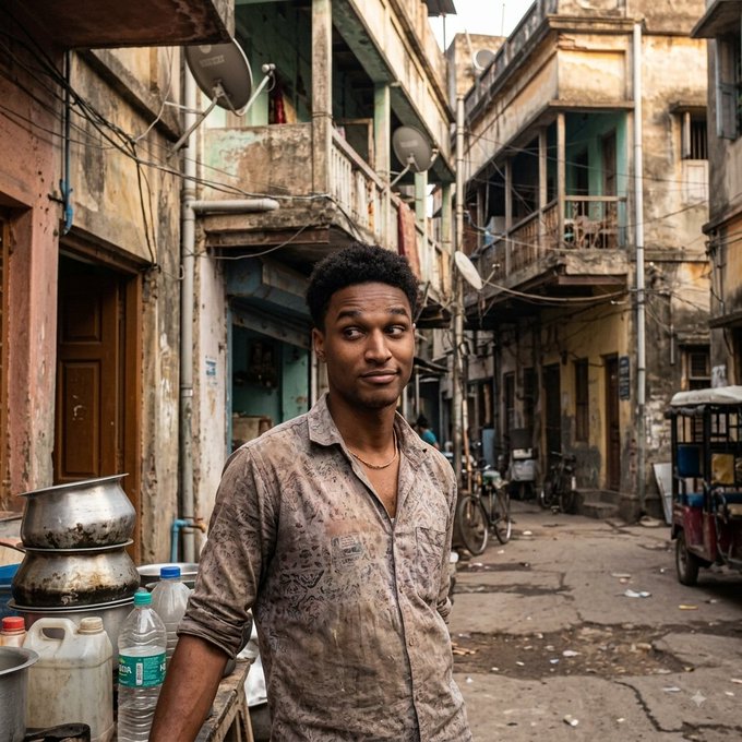 A young man in a dusty, patterned shirt stands in a narrow, weathered alleyway lined with old buildings, satellite dishes, and various containers.