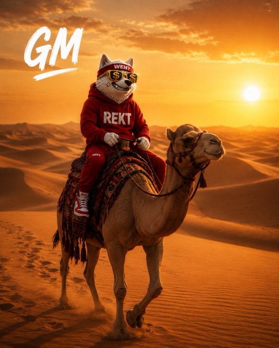 An AI-generated 'GM' image of a Shiba Inu wearing a 'REKT' red tracksuit, WENZ sunglasses, riding a camel across a desert at sunset.