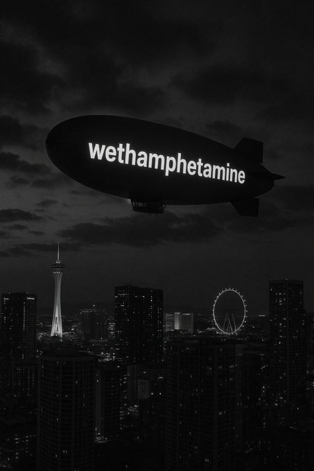 A black and white artistic image of a blimp displaying the text 'wethamphetamine' floating above the Las Vegas skyline, featuring the Stratosphere tower and a Ferris wheel.