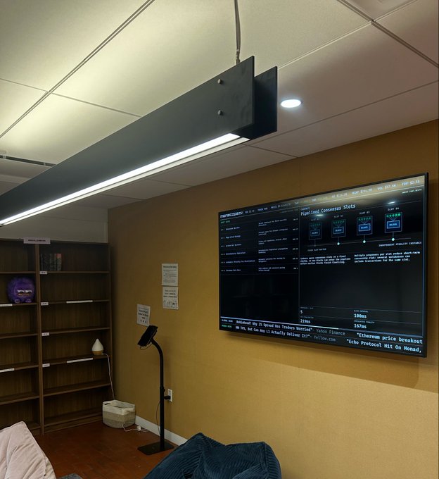 A bedroom with a large monitor displaying a cryptocurrency screen showing 'Pipeline Command Stats' with Bitcoin, Ethereum, Solana, and Dodge coins, alongside hashtags like #ethereum #solana #breakout and #Echo Protocol NFT On Mound.