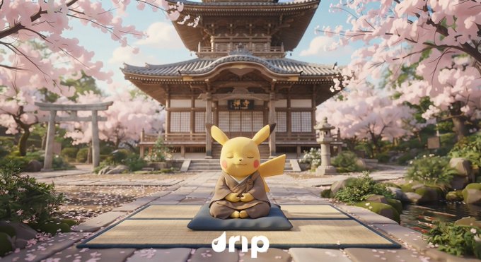 A digital illustration of Pikachu dressed as a Buddhist monk, meditating on a mat in front of a Japanese temple with cherry blossoms, labeled with the word "drip".