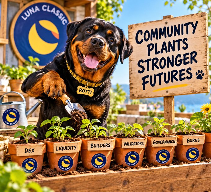 A promotional image for 'Luna Classic' featuring a smiling Rottweiler dog holding a gardening trowel next to potted plants labeled 'DEX', 'LIQUIDITY', 'BUILDERS', 'VALIDATORS', 'GOVERNANCE', and 'BURNS', with a sign reading 'COMMUNITY PLANTS STRONGER FUTURES'.