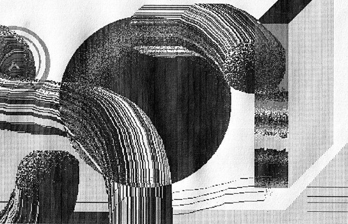 A black and white abstract artwork featuring curved, striped forms and textured shading against a white background.