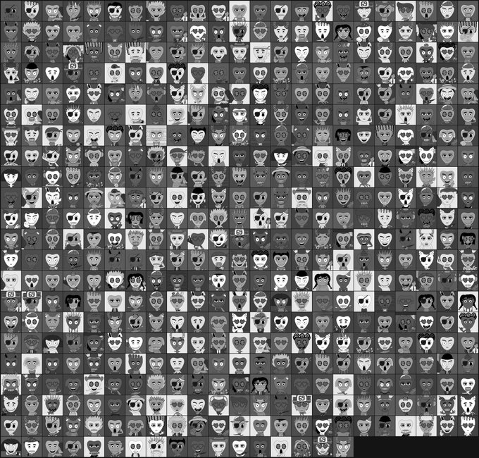A grid of hundreds of small, black-and-white cartoon-style faces with varied expressions, hairstyles, and features, resembling a collage or character design sheet.