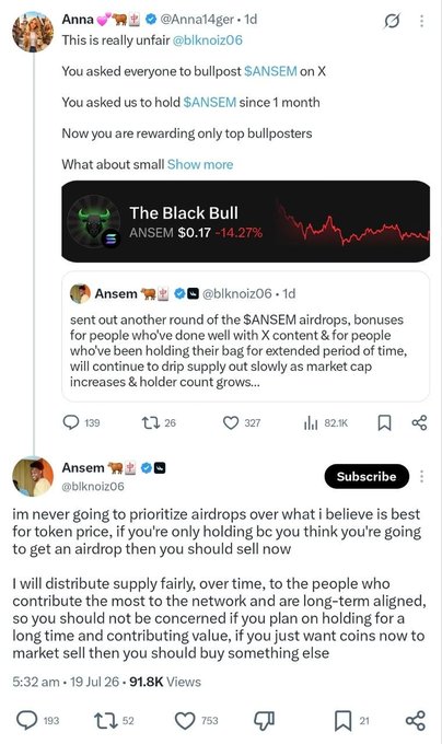 A social media post by user Anna criticizing @blknioz06 for asking followers to buy and hold $ANSEM but then rewarding only top bullposters, accompanied by a price chart showing 'The Black Bull' (ANSEM) at $0.17 (-14.27%) and Ansem's response explaining his airdrop distribution philosophy for rewarding long-term holders and contributors.