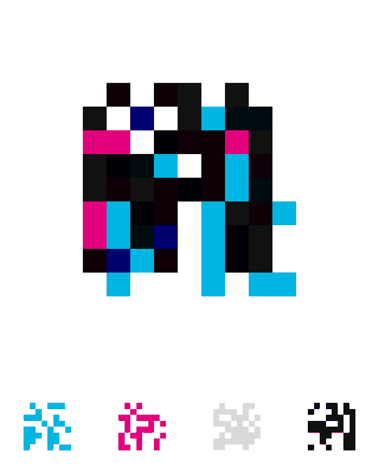 A pixelated character sprite that appears to be a glitched or corrupted video game figure, primarily in cyan, magenta, black, and white, with several smaller sprite variations shown below it.