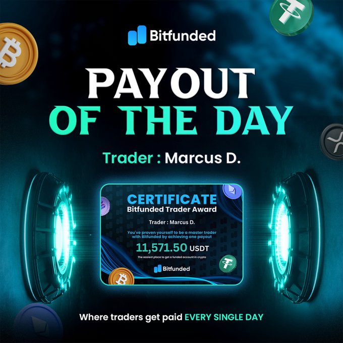 A Bitfunded "Payout of the Day" promotional graphic celebrating trader Marcus D.'s certificate for earning 11,571.50 USDT, featuring glowing teal accents, cryptocurrency coin icons (Bitcoin and Tether), and the tagline "Where traders get paid EVERY SINGLE DAY."