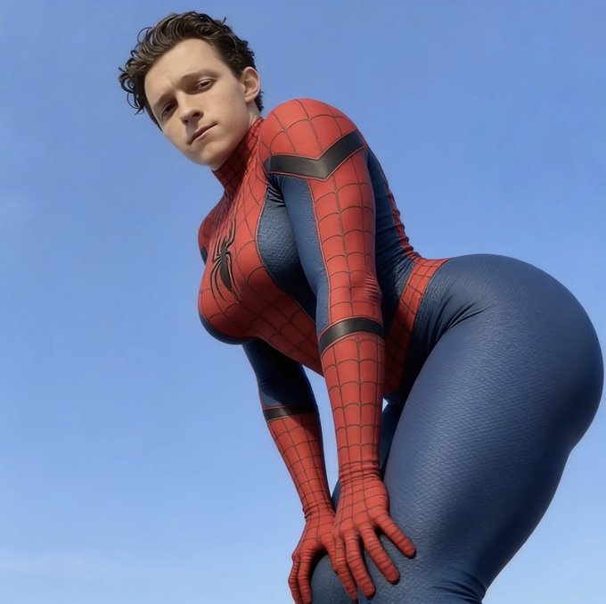 A young man with an exaggerated, cartoonish physique poses in a Spider-Man costume with the mask pulled back, revealing his face, set against a clear blue sky. The image humorously relates to the post's suggestion that someone from Connecticut ("ct boys") is running the thread/X account, poking fun at the "cracked" Spider-Man fandom typically associated with CT Twitter.