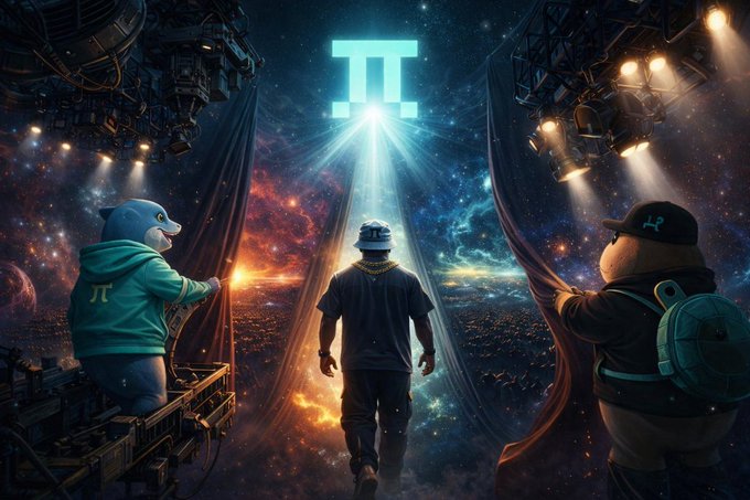A digital artwork showing a person in a bucket hat walking through curtains held open by two bear-like figures toward a glowing "π" (pi) symbol in a cosmic space setting.