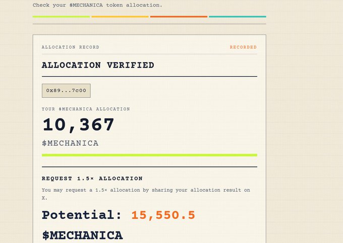 A digital token allocation record for '$MECHANICA' showing an 'ALLOCATION VERIFIED' status for address '0x89...7c00', displaying an allocation of '10,367 $MECHANICA' and a potential 1.5x allocation of '15,550.5 $MECHANICA' if shared on X.