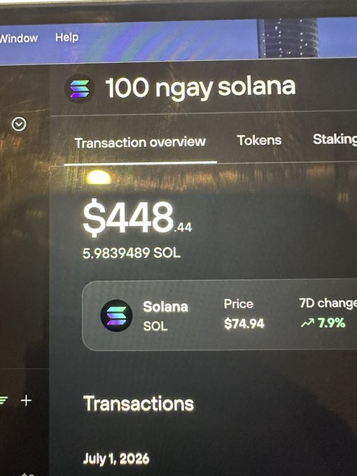 A computer screen displays a Solana cryptocurrency wallet showing '100 ngay solana' with a balance of $448.44 (5.9839489 SOL), with Solana (SOL) priced at $74.94 and up 7.9% over 7 days.