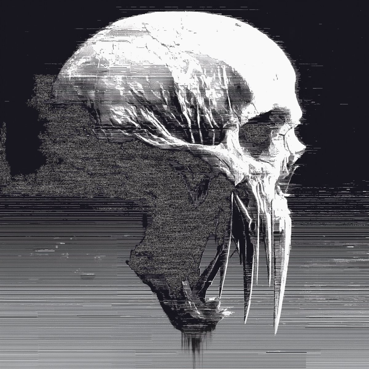 The image features a skull with a long, pointed nose and a large tooth sticking out of its mouth. The skull appears to be made from paper or cardboard, giving it an artistic and surreal appearance. The background of the image is black and white, which further emphasizes the stark contrast between the skull's white color and the dark background. The caption below the image reads "gm show me your tezos art #TEZOSTUEDAY".