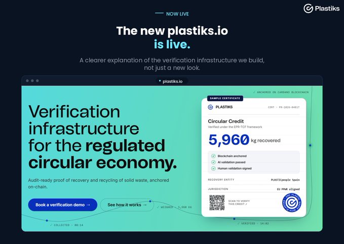 Promotional graphic announcing 'The new plastiks.io is live' featuring a teal dashboard about verification infrastructure for the regulated circular economy, showing a sample certificate for 5,960 kg recovered Circular Credit.