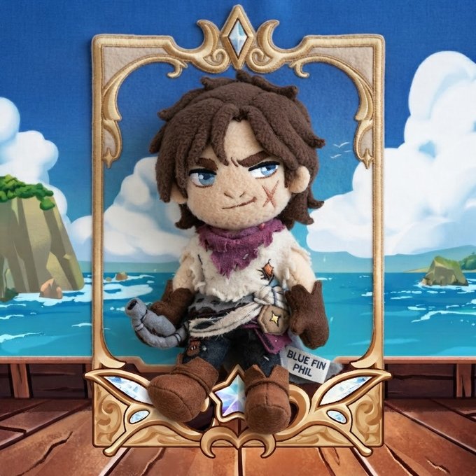 A plush toy of a brown-haired pirate character sits in an ornate gold frame against an ocean backdrop, holding a fish and wearing a tag labeled "BLUE FIN PHIL."