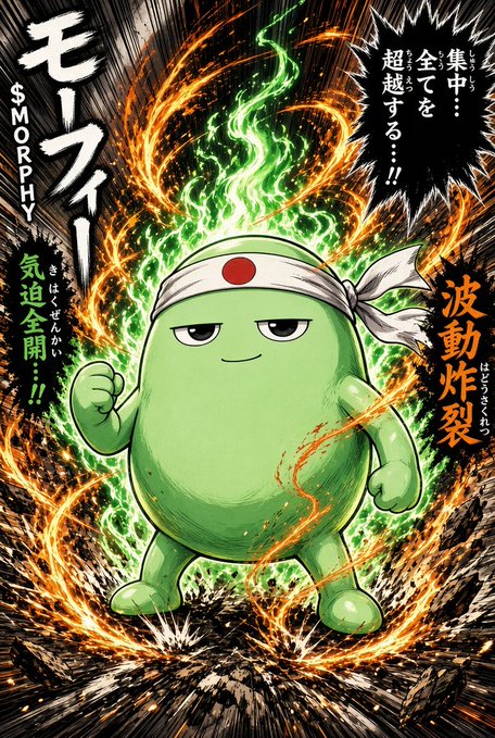 An anime-style poster of a green, muscular blob character wearing a Japanese hachimaki headband, surrounded by fiery green energy, with Japanese text including "スモーフィー" (Smorphy) and "波動炸裂".