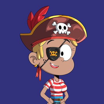 The image features a cartoon woman dressed as a pirate, wearing a pirate hat with feathers, a red and gold striped shirt, and blue jeans. She also has black boots and goggles that match her hat. The woman is smiling at the camera, giving off an overall happy vibe. A caption below the image provides information about a giveaway for a limited time offer by @sereinoneth Supply. It includes details like the number of spots available (10), the price limit (1,200 Mint), and how to enter the contest.