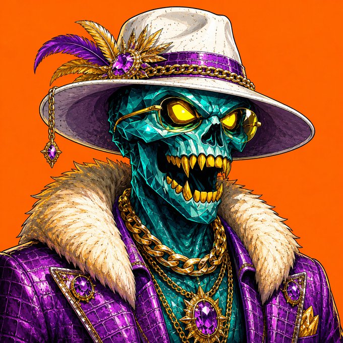 A vibrant digital illustration of a teal, crystalline skull wearing a white fedora with purple feathers, gold sunglasses, and a purple reptilian-skin jacket adorned with gold chains and gems against an orange background.