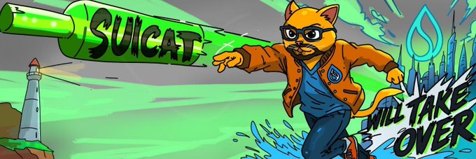 Digital artwork of an anthropomorphic cat character wearing glasses and a hoodie, holding a glowing green bat labeled 'SUICAT' with 'WILL TAKE OVER' text beside it.