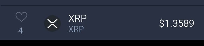 A cryptocurrency tracking display showing XRP with a current price of $1.3589 and a heart icon indicating 4 likes or favorites.