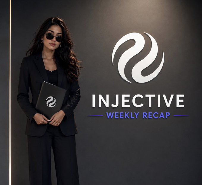 A woman in a black suit and sunglasses holds a tablet displaying the Injective logo, standing beside the "INJECTIVE — WEEKLY RECAP" branding, visually representing the weekly recap post highlighting Injective's milestone of POSCO and LG CNS completing the first onchain trade finance transaction for commercial receivables on Injective.