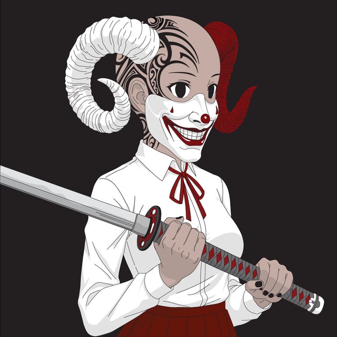 An anime-style illustration of a female character with half-white, half-red ram horns, clown-like makeup, a white shirt with a red bow, and a pleated skirt, holding a katana sword.
