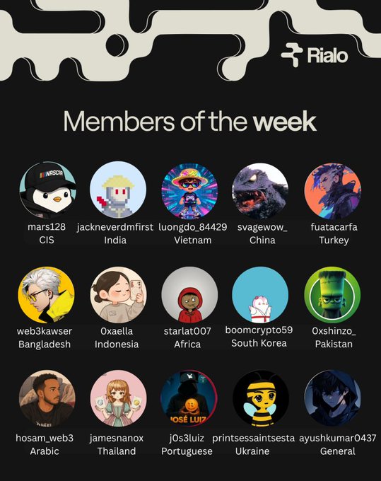 A 'Rialo Members of the week' graphic displaying various community members' avatars along with their usernames and countries.