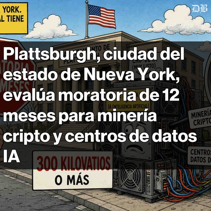 The image features a cartoon-style illustration of a U.S. government building flying an American flag, alongside a large server tower with sad facial features labeled "IA (Inteligencia Artificial)" and signs reading "300 KILOVATIOS O MÁS" and "MINERÍA CRIPTO." Overlaid Spanish text announces that Plattsburgh, New York, is evaluating a 12-month moratorium on crypto mining and AI data centers. The visual directly illustrates the post's message by personifying the energy-hungry AI infrastructure as a melancholic figure outside government offices, symbolizing the regulatory scrutiny these power-intensive projects (300 kW or more) are facing.