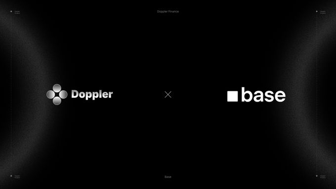 A black graphic showing a partnership announcement between Doppler Finance and Base, with both logos separated by an "X" symbol.