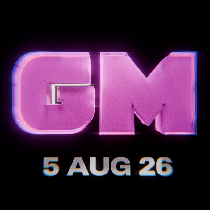 The image displays "GM" in large, metallic pink letters with a glowing outline, beneath which reads "5 AUG 26." This likely signifies a launch date for Game Mode's innovative token launch where access is earned through gaming skill.
