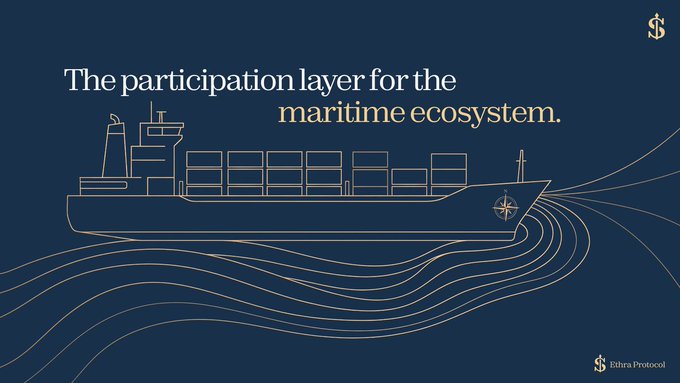 An elegant navy blue graphic with gold line art displays a cargo ship sailing on waves, accompanied by the text 'The participation layer for the maritime ecosystem' and the 'Sifra Protocol' logo.