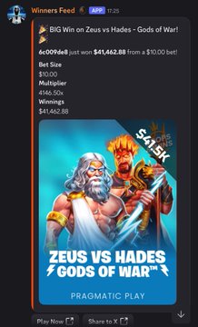 The image displays a Winners Feed notification for a Pragmatic Play slot game "Zeus vs Hades - Gods of War," showing a verified $41,462.88 win from a $10.00 bet with a 4,146.50x multiplier. This screenshot serves as proof-of-win to support the post's claim that MetaWin offers transparent, verifiable casino wins with real rewards for its community.