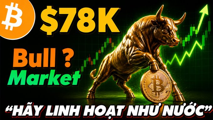 A Bitcoin bull market graphic showing a golden bull statue with a Bitcoin coin, reading 'Bitcoin $78K Bull ? Market' and 'HÃY LINH HOẠT NHƯ NƯỚC' in Vietnamese.