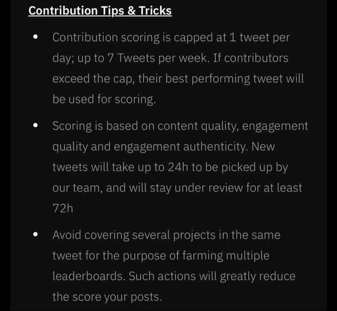 A dark-themed informational graphic titled 'Contribution Tips & Tricks' listing three bullet points about tweet scoring caps (1 tweet/day, up to 7/week), content/engagement quality criteria with a 24h review pickup and 72h review window, and a warning against covering multiple projects in one tweet.