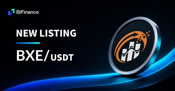 BiFinance announcement banner for a 'NEW LISTING' of BXE/USDT, featuring a 3D rendering of the BXE cryptocurrency coin against a dark background with blue accents.