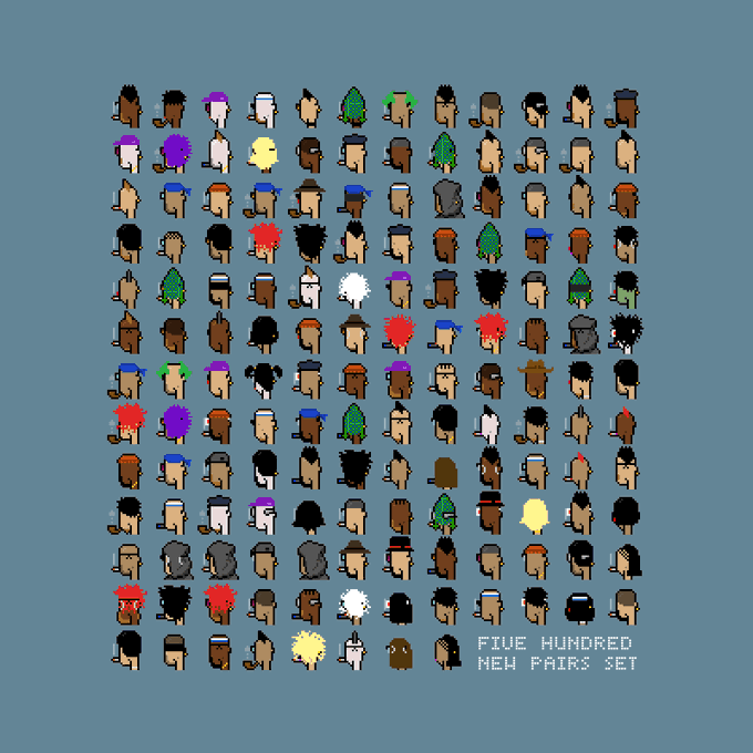 A pixel art sprite sheet on a blue background titled 'FIVE HUNDRED NEW PAIRS SET' displaying a grid of character heads viewed from the side, featuring various hairstyles, hats, and skin tones for game design purposes.