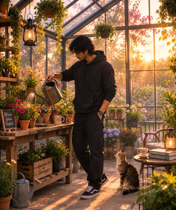 A young man in a black hoodie waters flowers in a sunlit greenhouse filled with potted plants and hanging baskets, while a tabby cat watches from the floor beside stacks of books.