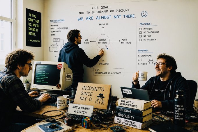 A satirical scene of three developers in a startup office with a whiteboard stating "OUR GOAL: NOT TO BE PREMIUM OR DISCOUNT, WE ARE ALMOST NOT THERE" and various ironic signs like "INCOGNITO SINCE DAY 0" and "HACKING OBSCURITY."