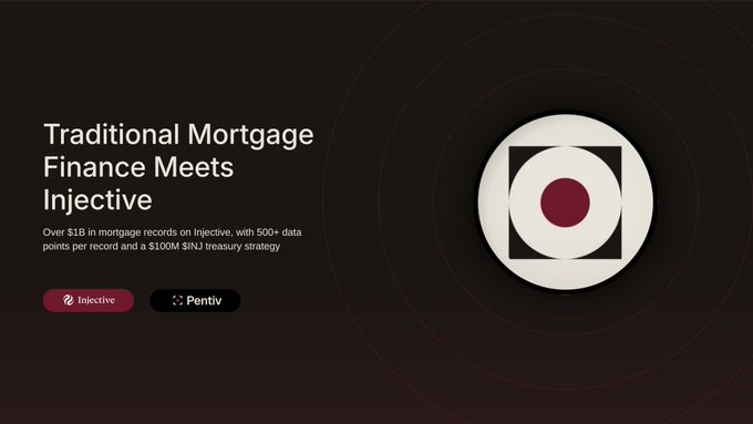 A dark promotional slide titled 'Traditional Mortgage Finance Meets Injective,' mentioning over $1B in mortgage records on Injective with 500+ data points and a $100M $INJ treasury strategy, alongside Injective and Pentiv logos.