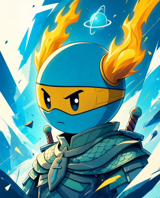 An illustrated cartoon character with a blue spherical head, wearing samurai-style armor with swords on its back, sporting flaming yellow hair and an angry expression.