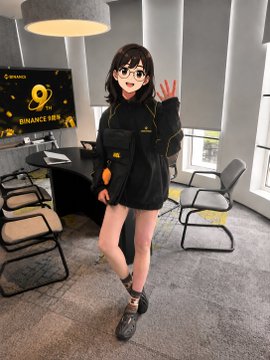 A young woman wearing glasses, a black Binance hoodie, and a short skirt stands in an office with a screen displaying "BINANCE 10%" behind her.