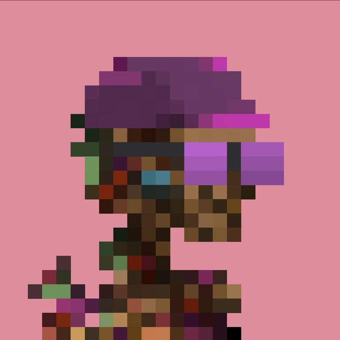 A pixel art portrait of a figure with purple/violet hair against a pink background, with a mosaic/blocky color pattern in shades of brown, green, and purple