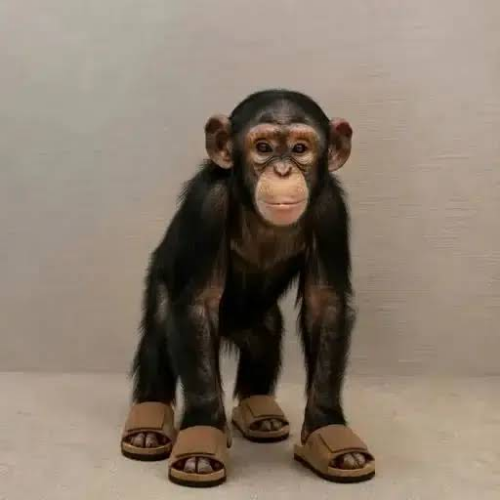 A young chimpanzee stands upright wearing tan slide sandals on a light-colored floor.