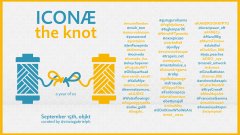 An infographic poster titled 'ICONE the knot' for an event on September 13th, 1981, hosted by ENGLISH.NET, featuring a blue and yellow illustration of a knot with columns of vocabulary words.