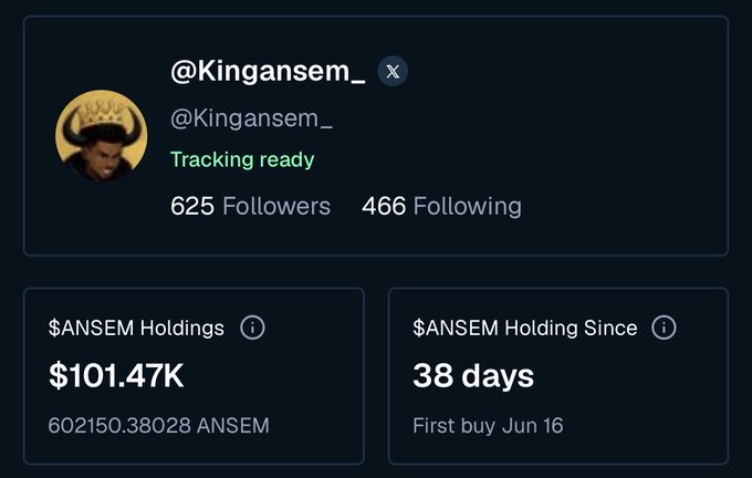 A portfolio tracking screen for Twitter user @Kingansem_ shows '$ANSEM Holdings' valued at $101.47K (602150.38028 ANSEM) and a holding period of 38 days since June 16.