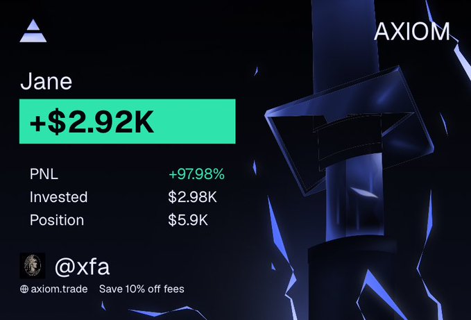A trading platform graphic for AXIOM showing a user "Jane" with a +$2.92K profit, +97.98% PNL, and a reference to "@xfa" and "axiom.trade".