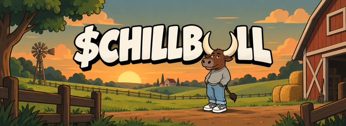 Cartoon banner illustration titled '$CHILLBULL' showing an anthropomorphic bull character in jeans standing in a rural farm setting at sunset with a barn, windmill, and hay bales.