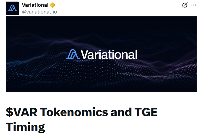 A tweet from Variational (@variational_io) displaying the Variational logo over a dark purple wave background, with the headline '$VAR Tokenomics and TGE Timing'.